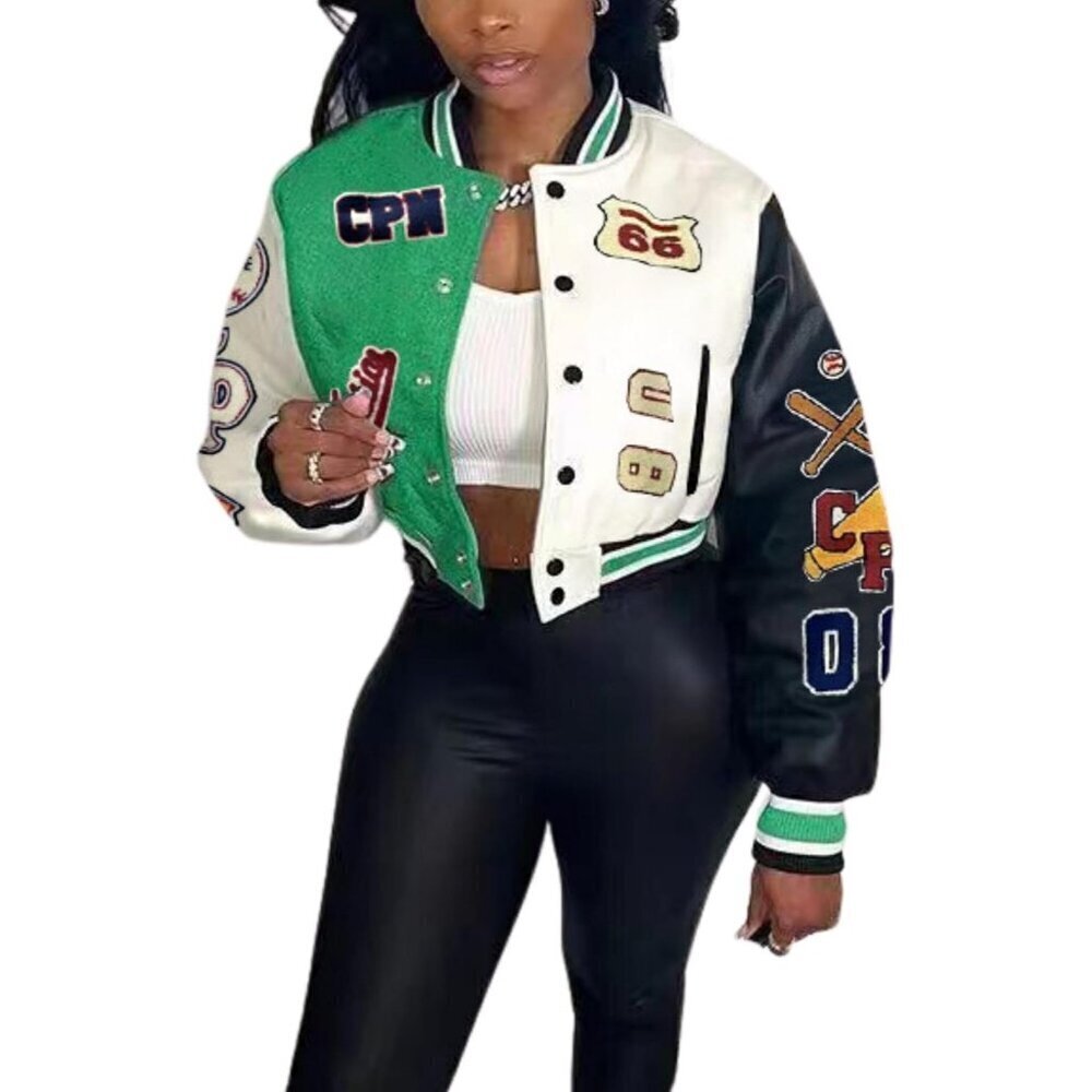 Women's Varsity Jacket with Patches Print Cropped Bomber Leather Jacket A-Green